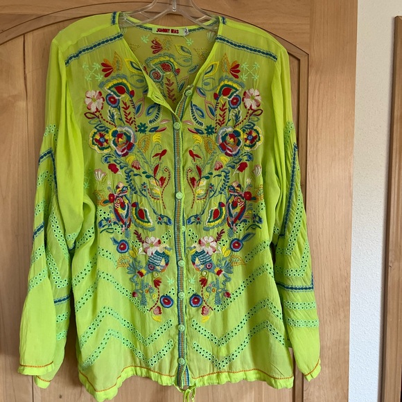 Johnny Was Tops - Johnny Was Chartreuse Blouse with Floral Birds Embroidery Sz M Boho Summer